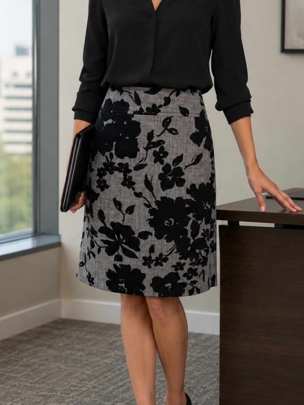 Ann Taylor Gray A-Line Skirt with Black Floral Burnout size 10